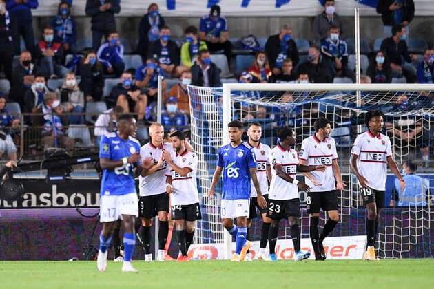 JOIE - 09 KASPER DOLBERG (NICE) - 34 EDDY SYLVESTRE (NICE) FOOTBALL : Strasbourg vs Nice - Ligue 1 Uber Eats - 29 08 2020 FEP Panoramic 