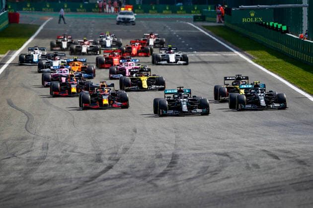 Motorsports: FIA Formula One World Championship, WM, Weltmeisterschaft 2020, Grand Prix of Belgium, Start, 44 Lewis Hamilton (GBR, Mercedes-AMG Petronas Formula One Team), 77 Valtteri Bottas (FIN, Mercedes-AMG Petronas Formula One Team), 33 Max Verstappen (NLD, Aston Martin Red Bull Racing), 3 Daniel Ricciardo (AUS, Renault DP World F1 Team), Spa-Francorchamps Belgium