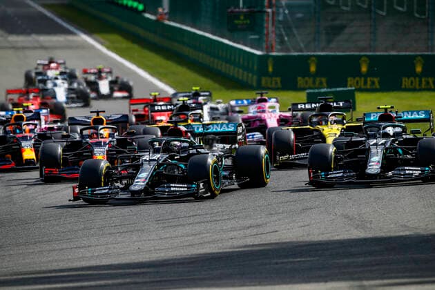 Motorsports: FIA Formula One World Championship, WM, Weltmeisterschaft 2020, Grand Prix of Belgium, Start, 44 Lewis Hamilton (GBR, Mercedes-AMG Petronas Formula One Team), 77 Valtteri Bottas (FIN, Mercedes-AMG Petronas Formula One Team), 33 Max Verstappen (NLD, Aston Martin Red Bull Racing), 3 Daniel Ricciardo (AUS, Renault DP World F1 Team), Spa-Francorchamps Belgium