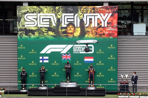 FORMULA 1 ROLEX BELGIAN GRAND PRIX 2020 30.08.2020, Circuit de Spa-Francorchamps, Spa-Franchorchamps, FORMULA 1 ROLEX BELGIAN GRAND PRIX 2020 , im Bild Podium: Sieger Lewis Hamilton (GB 44), Mercedes-AMG Petronas F1 Team, 2.Platz für Valtteri Bottas (FIN 77), Mercedes-AMG Petronas F1 Team, 3.Platz fürMax Verstappen (NEL 33), Aston Martin Red Bull Racing