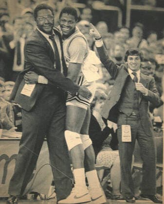 August 31, 2020, Legendary Georgetown coach John Thompson Jr., who led Georgetown to the 1984 national championship and three Final Fours, has died at age 78. FILE PICTURE: April 2, 1984; Seattle, Washington, USA: Georgetown coach JOHN THOMPSON (L) hugs center PATRICK EWING after winning the NCAA, College League, USA Final Four Game 84-75 in Seattle. Seattle USA - ZUMAb91_ 19840402_sha_b91_292 Copyright: xBarryxSweetx