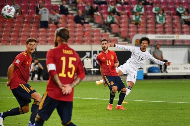 Torchance Leroy SANE (GER), Aktion,Schussl Fussball Laenderspiel, UEFA Nations League Division A, 2020 2021, Gruppe 4. Deutschland (GER)- Spanien (ESP) am 03.09.2020 in Stuttgart Deutschland, Mercedes Benz Arena. DFB UEFA regulations prohibit any use of photographs as image sequences and or quasi-video *** Torchchance Leroy SANE GER , Aktion,Schussl Fussball Laenderspiel, UEFA Nations League Division A, 2020 2021, Group 4 Germany GER Spain ESP on 03 09 2020 in Stuttgart Germany, Mercedes Benz Arena DFB UEFA regulations prohibit any use of photographs as image sequences and or quasi video