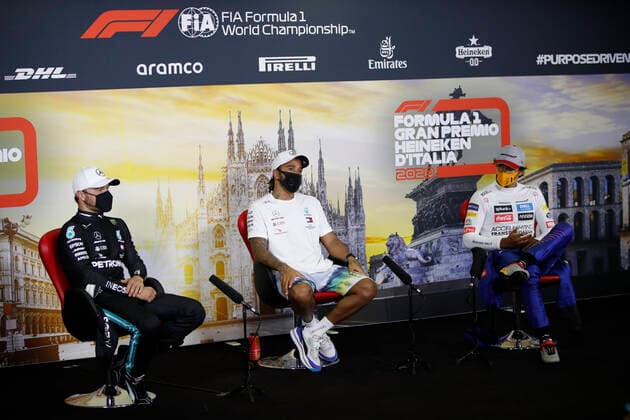 Motorsports: FIA Formula One World Championship, WM, Weltmeisterschaft 2020, Grand Prix of Italy Motorsports: FIA Formula One World Championship 2020, Grand Prix of Italy, 77 Valtteri Bottas (FIN, Mercedes-AMG Petronas Formula One Team), 44 Lewis Hamilton (GBR, Mercedes-AMG Petronas Formula One Team), 55 Carlos Sainz (ESP, McLaren F1 Team),