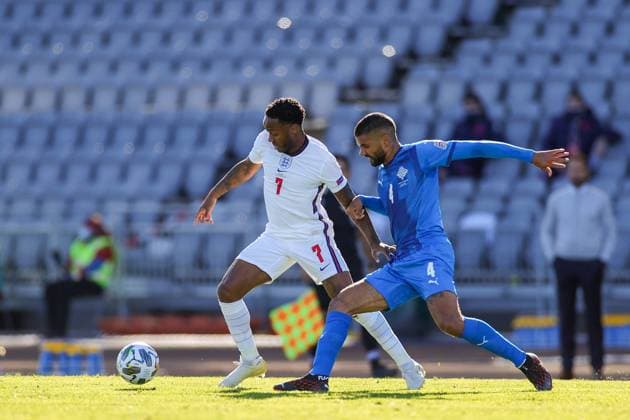 Iceland v England UEFA Nations League 05 09 2020. England midfielder Raheem Sterling (7) tussles with Iceland midfielder Victor Palsson (4) during the UEFA Nations League match between Iceland and England at Laugardalsvollur, Reykjavik, Iceland on 5 September 2020. Editorial use only , Copyright: xNigelxKeenex PSI-10412-0013