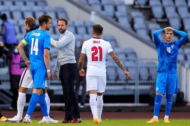Iceland v England UEFA Nations League 05 09 2020. England head coach Gareth Southgate celebrates at full time during the UEFA Nations League match between Iceland and England at Laugardalsvollur, Reykjavik, Iceland on 5 September 2020. Editorial use only , Copyright: xNigelxKeenex PSI-10412-0030