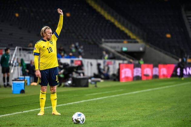 200905 Emil Forsberg of Sweden during the Nations League football match between Sweden and France on September 5, 2020 in Stockholm. Photo: Johanna Lundberg BILDBYRAN kod JL JM0013 bbeng fotboll fotball football soccer landskamp nations league sverige sweden sverige a frankrike france Copyright: JOHANNAxLUNDBERG BB200905JL010
