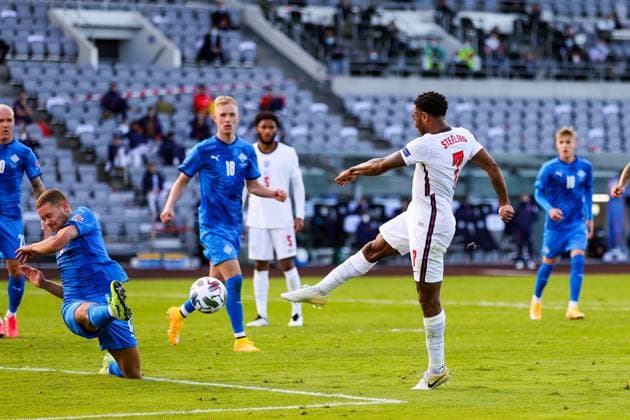 Iceland v England UEFA Nations League 05 09 2020. England midfielder Raheem Sterling (7) shoots towards the goal and Iceland defender Sverrir Ingason stops the ball with his arm for a penalty during the UEFA Nations League match between Iceland and England at Laugardalsvollur, Reykjavik, Iceland on 5 September 2020. Editorial use only , Copyright: xNigelxKeenex PSI-10412-0049
