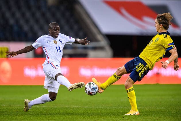 200905 N Golo KantÃ of France and Kristoffer Olsson of Sweden during the Nations League football match between Sweden and France on September 5, 2020 in Stockholm. Photo: Joel Marklund BILDBYRAN kod JM JM0013 bbeng fotboll fotball football soccer landskamp nations league sverige sweden sverige a frankrike france Copyright: JOELxMARKLUND BB200905JM028