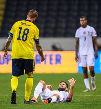 200905 Pontus Jansson of Sweden and Olivier Giroud of France during the Nations League football match between Sweden and France on September 5, 2020 in Stockholm. Photo: Joel Marklund BILDBYRAN kod JM JM0013 bbeng fotboll fotball football soccer landskamp nations league sverige sweden sverige a frankrike france Copyright: JOELxMARKLUND BB200905JM039
