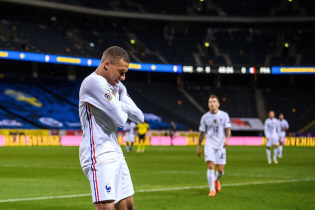 200905 Kylian MbappÃ of France celebrates after scoring 0-1 during the Nations League football match between Sweden and France on September 5, 2020 in Stockholm. Photo: Joel Marklund BILDBYRAN kod JM JM0013 bbeng fotboll fotball football soccer landskamp nations league sverige sweden sverige a frankrike france jublar jubel Copyright: JOELxMARKLUND BB200905JM049