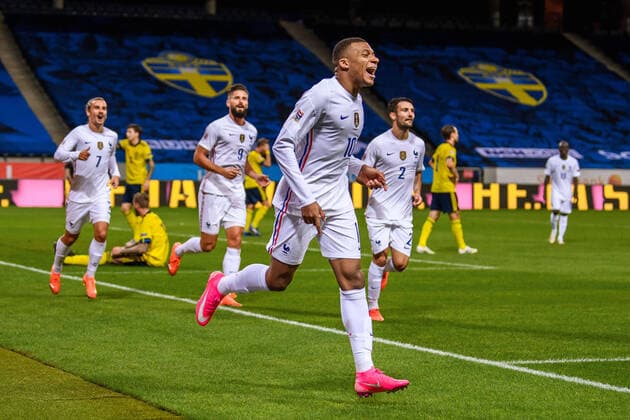 200905 Kylian MbappÃ of France celebrates after scoring 0-1 during the Nations League football match between Sweden and France on September 5, 2020 in Stockholm. Photo: Joel Marklund BILDBYRAN kod JM JM0013 bbeng fotboll fotball football soccer landskamp nations league sverige sweden sverige a frankrike france jublar jubel Copyright: JOELxMARKLUND BB200905JM052