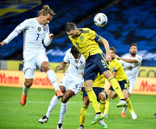 FranceÂ s Antoine Griezmann against SwedenÂ s Marcus Berg during the UEFA Nations League football match between Sweden and France at Friends Arena in Stockholm, Sweden September 05, 2020. STOCKHOLM Sweden x10070x