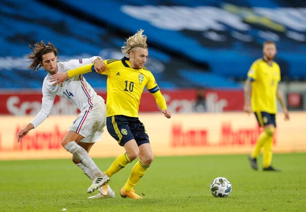 France s Adrien Rabiot and SwedenÂ s Emil Forsberg during the UEFA Nations League football match between Sweden and France at Friends Arena in Stockholm, Sweden September 05, 2020. Stockholm Sweden x10430x