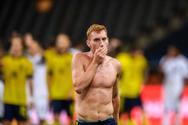 200905 Dejan Kulusevski of Sweden looks dejected after the Nations League football match between Sweden and France on September 5, 2020 in Stockholm. Photo: Joel Marklund BILDBYRAN kod JM JM0013 bbeng fotboll fotball football soccer landskamp nations league sverige sweden sverige a frankrike france depp deppar Copyright: JOELxMARKLUND BB200905JM128