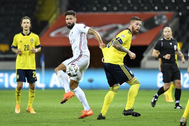 France s Oliver Giroud and Sweden s Pontus Jansson during the UEFA Nations League football match between Sweden and France at Friends Arena in Stockholm, Sweden September 05, 2020. STOCKHOLM Sweden x10070x