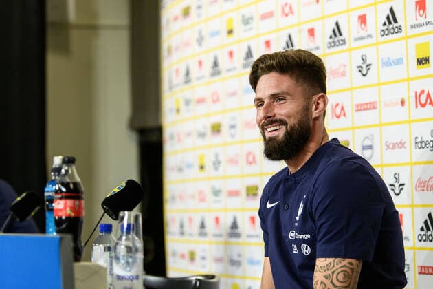 200905 Olivier Giroud of France at a press conference, PK, Pressekonferenz after the Nations League football match between Sweden and France on September 5, 2020 in Stockholm. Photo: Joel Marklund BILDBYRAN kod JM JM0013 bbeng fotboll fotball football soccer landskamp nations league sverige sweden sverige a frankrike france presskonferens press conference Copyright: JOELxMARKLUND BB200905JM213