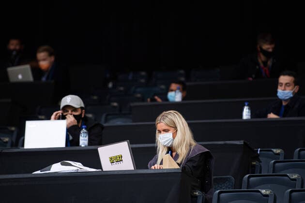 200905 Journalists with protective face masks during the Nations League football match between Sweden and France on September 5, 2020 in Stockholm. Photo: Joel Marklund BILDBYRAN kod JM JM0013 bbeng fotboll fotball football soccer landskamp nations league sverige sweden sverige a frankrike france ansiktsmask coronavirus covid-19 reporter journalist face mask Copyright: JOELxMARKLUND BB200905JM242