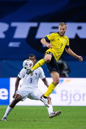 200905 Presnel Kimpembe of France and Sebastian Larsson of Sweden during the Nations League football match between Sweden and France on September 5, 2020 in Stockholm. Photo: Joel Marklund BILDBYRAN kod JM JM0013 bbeng fotboll fotball football soccer landskamp nations league sverige sweden sverige a frankrike france Copyright: JOELxMARKLUND BB200905JM243