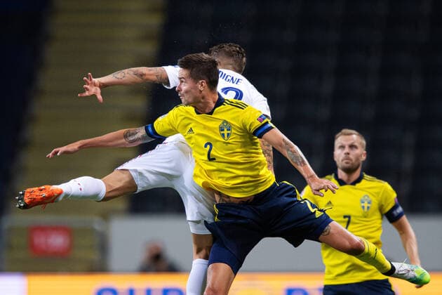 200905 Lucas Digne of France and Mikael Lustig of Sweden during the Nations League football match between Sweden and France on September 5, 2020 in Stockholm. Photo: Joel Marklund BILDBYRAN kod JM JM0013 bbeng fotboll fotball football soccer landskamp nations league sverige sweden sverige a frankrike france Copyright: JOELxMARKLUND BB200905JM269