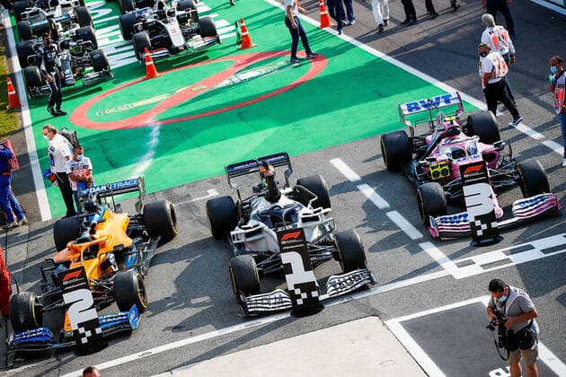 FORMULA 1 GRAN PREMIO HEINEKEN D ITALIA 2020 06.09.2020, Autodromo Nazionale di Monza, Monza, FORMULA 1 GRAN PREMIO HEINEKEN D ITALIA 2020 ,im Bild Sieger Pierre Gasly (FRA 10), Scuderia AlphaTauri Honda, 2.Platz für Carlos Sainz Jr. (SPA 55), McLaren F1 Team, 3.Platz für Lance Stroll (CAN 18), BWT Racing Point F1 Team