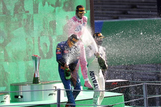 FORMULA 1 GRAN PREMIO HEINEKEN D ITALIA 2020 06.09.2020, Autodromo Nazionale di Monza, Monza, FORMULA 1 GRAN PREMIO HEINEKEN D ITALIA 2020 ,im Bild Podium: Sieger Pierre Gasly (FRA 10), Scuderia AlphaTauri Honda, 2.Platz für Carlos Sainz Jr. (SPA 55), McLaren F1 Team, 3.Platz für Lance Stroll (CAN 18), BWT Racing Point F1 Team