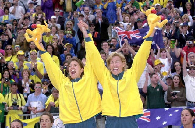 OLYMPICS Beach volleyball, Beachvolleyball FINAL, (VBB222) 25 September 2000 - Australian Kerri Pottharst (right) and Natalie Cook celebrate after winning the Olympic beach volleyball final against Brazil. The Australians defeated Shelda Bede and Adriana Behar 12-11, 12-10 at the Beach Volleyball Centre, Bondi. ( NO ARCHIVING, EDITORIAL USE ONLY, NO USE IN BOOKS WITHOUT CONSENT SYDNEY AUS  Copyright: xDEANxLEWINSx 0104103061st