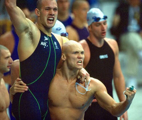 MICHAEL KLIM RETIREMENT FILE, **FILE** A Sept. 16, 2000 file photo of Australian swimmers Ashely Callus (left) and Michael Klim reacting as they and teammates Chris Fydler and Ian Thorpe smash two world records to take the gold in the men s 4x100 relay at the Sydney Olympic Games, Olympische Spiele, Olympia, OS Klim, an Olympic gold medalist and one time holder of the 100m freestyle world record announced his retirement , Tuesday, June 26, 2007, from professional swimming. ( NO ARCHIVING, EDITORIAL USE ONLY, NO USE IN BOOKS WITHOUT CONSENT SYDNEY NSW AUSTRALIA  Copyright: xJULIANxSMITHx 0104103185st