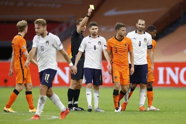 AMSTERDAM, 07-09-2020, JohanCruyff Stadium, season 2020 2021 . Nations Leaque game between Netherlands and Italy. Netherlands player Joel Veltman getting a yellow card Netherlands - Italy  x9133467x Copyright: