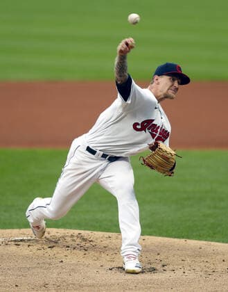 Cleveland Indians Zach Plesac (34) pitches during the first inning against the Kansas City Royals at Progressive Field in Cleveland, Ohio on Monday, September 7, 2020.  CLE20200907103 AARONxJOSEFCZYK