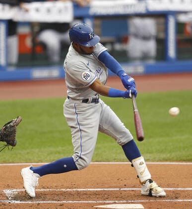 Kansas City Royals Edward Olivares (14) hits a single in the second inning against the Cleveland Indians at Progressive Field in Cleveland, Ohio on Monday, September 7, 2020.  CLE20200907108 AARONxJOSEFCZYK