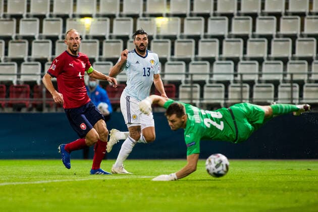 L-R Roman Hubnik (CZE), Callum Paterson (GB-SCT) and Czech goalkeeper Ales Mandous in action during the B2 Group UEFA Nations League match Czech vs Scotland, in Olomouc, Czech Republic, on Monday, September 7, 2020. (CTKxPhoto JaroslavxSvoboda) CTKPhotoP202009070941701 SVO 26
