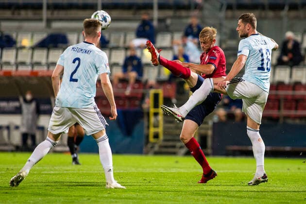 L-R Scott McTominay (GB-SCT), Jaroslav Zeleny (CZE) and Liam Cooper (GB-SCT) in action during the B2 Group UEFA Nations League match Czech vs Scotland, in Olomouc, Czech Republic, on Monday, September 7, 2020. (CTKxPhoto JaroslavxSvoboda) CTKPhotoP202009070941401 SVO 25