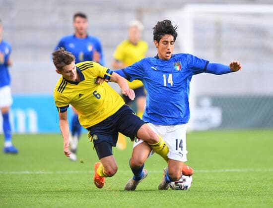 Sweden s Leo Bengtsson falls in front of Italy s Youssef Maleh during the U21, U 21 European Championships qualifiaction soccer match between Sweden and Italy at Guldfageln Arena in Kalmar, Sweden, on Sept. 08, 2929. KALMAR SWEDEN x10760x
