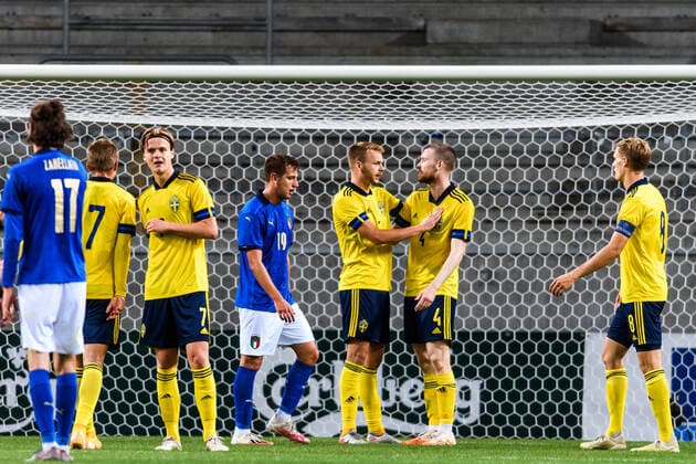 200908 Benjamin Nygren , August Erlingmark , Gustav Henriksson , Thomas Poppler Isherwood and Svante Ingelsson of Sweden celebrate after the UEFA European Under-21 Qualifier football match between Sweden and Italy on September 8, 2020 in Kalmar. Photo: Petter Arvidson BILDBYRAN kod PA PA0058 fotball football fotboll soccer european under-21 qualifier em-kval U21, U 21 sverige sweden italien italy UEFA EURO, EM, Europameisterschaft,Fussball under-21 qualifier jubel Copyright: PETTERxARVIDSON BB200908PA071