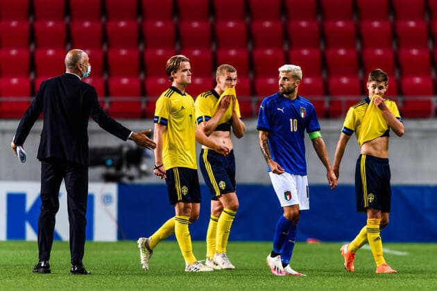 200908 Patrick Cutrone of Italy looks dejected after the UEFA European Under-21 Qualifier football match between Sweden and Italy on September 8, 2020 in Kalmar. Photo: Petter Arvidson BILDBYRAN kod PA PA0058 fotball football fotboll soccer european under-21 qualifier em-kval U21, U 21 sverige sweden italien italy UEFA EURO, EM, Europameisterschaft,Fussball under-21 qualifier depp Copyright: PETTERxARVIDSON BB200908PA072