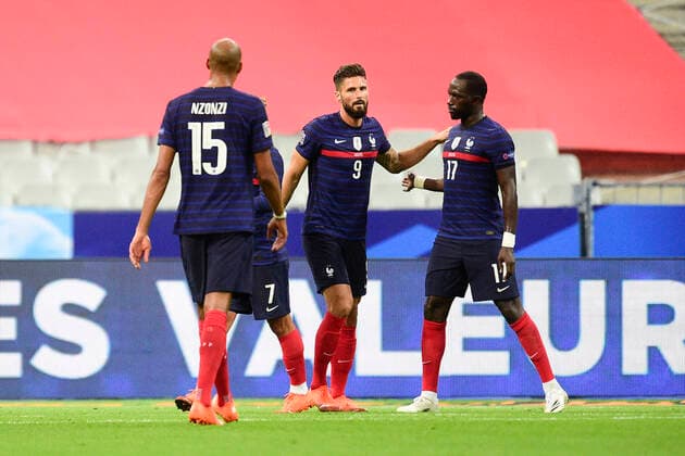 Joie des joueurs de l Equipe de France apres le but de GIROUD OLIVIER (France) sur penalty FOOTBALL : France vs Croatie - ligue des Nations - 08 09 2020 JBAutissier Panoramic 