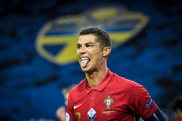 Portugals Cristiano Ronaldo sticks out his tounge during the UEFA Nations League, division A, group 3 soccer game betwween Sweden and Portugal at Friends Arena in Stockholm, Sweden, on Sept. 08, 2020. Photo Janerik Henriksson TT kod 10010 *SWEDEN OUT* Stockholm Sweden SOCCER x10010x