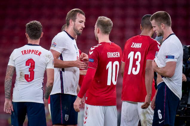 Danmarks Christian Eriksen og Englands Harry Kane hilser efter Nations League kampen mellem Danmark og England i Parken, tirsdag den 8. september 2020.. , Copenhagen Denmark