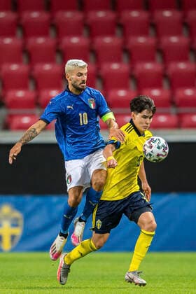 200908 Patrick Cutrone of Italy and Eric Kahl of Sweden during the UEFA European Under-21 Qualifier football match between Sweden and Italy on September 8, 2020 in Kalmar. Photo: Petter Arvidson BILDBYRAN kod PA PA0058 fotball football fotboll soccer european under-21 qualifier em-kval U21, U 21 sverige sweden italien italy UEFA EURO, EM, Europameisterschaft,Fussball under-21 qualifier Copyright: PETTERxARVIDSON BB200908PA188