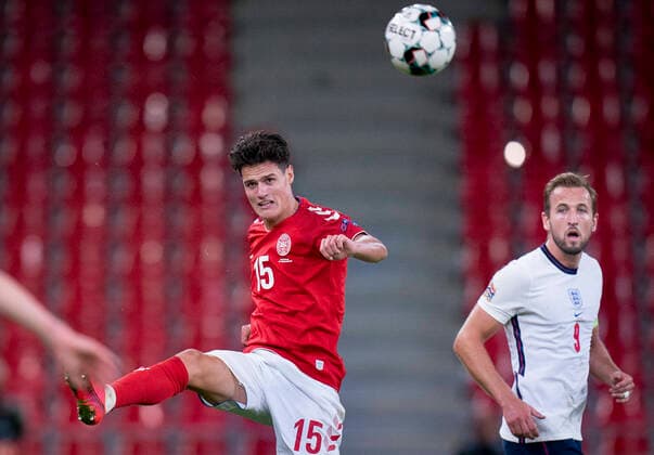 Danmarks Christian Noergaard og Englands Harry Kane under Nations League kampen mellem Danmark og England i Parken, tirsdag den 8. september 2020.. , Copenhagen Denmark