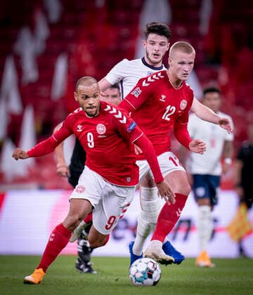 Danmarks Martin Braithwaite og Kasper Dolberg under Nations League kampen mellem Danmark og England i Parken, tirsdag den 8. september 2020.. , Copenhagen Denmark