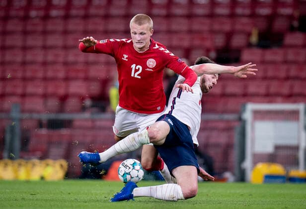 Danmarks Kasper Dolberg(12) and Englands Declan Rice during Nations League Group stage football match between Denmark and England at Parken Stadium in Copenhagen, Denmark, september 9th, 2020. . , Copenhagen Denmark