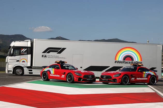 Formula 1 Pirelli Gran Premio Della Toscana Ferrari 1000 2020 09.09.2020, Autodromo Internazionale del Mugello, Mugello, Formula 1 Pirelli Gran Premio Della Toscana Ferrari 1000 2020,im Bild Aus Respekt vor dem großen Ferrari-Jubiläum färbt Mercedes das Safety-Car von Bernd Mayländer ein: Der Mercedes-AMG GT R wird Ferrari-Rot !