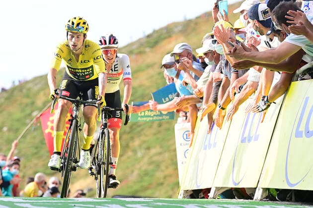 Tadej Pogacar of UAE Team Emirates and Primoz Roglic of Team Jumbo - Visma pictured during stage 13 of the 107th edition of the Tour de France cycling race from Chatel-Guyon to Puy Mary Cantal (191,5 km), in France, Friday 11 September 2020. This year s Tour de France was postponed due to the worldwide Covid-19 pandemic. The 2020 race starts in Nice on Saturday 29 August and ends on 20 September.  x2541340x