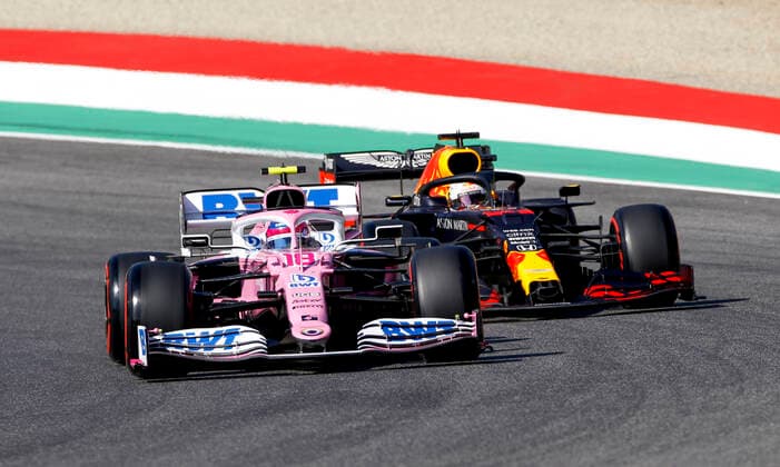 Motorsports: FIA Formula One World Championship, WM, Weltmeisterschaft 2020, Grand Prix of Tuscany, 18 Lance Stroll (CAN, BWT Racing Point F1 Team), 33 Max Verstappen (NLD, Aston Martin Red Bull Racing), Scarperia Italy