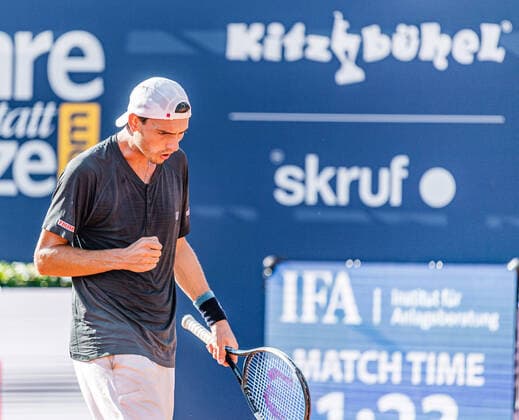 12.09.2020, Sportpark, Kitzbuehel, AUT, ATP, Tennis Herren Tour, Generali Open Kitzbuehel, Halbfinale, im Bild Marc Andrea Huesler (SUI) Marc Andrea Huesler of Switzerland during the semifinals match for the Generali Open Tennis Tournament of the ATP Tour at the Sportpark in Kitzbuehel, Austria on 2020 09 12.