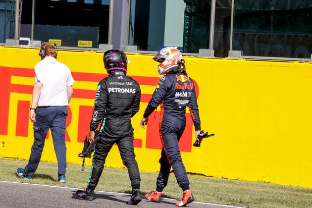 Motorsports: FIA Formula One World Championship, WM, Weltmeisterschaft 2020, Grand Prix of Tuscany, 44 Lewis Hamilton (GBR, Mercedes-AMG Petronas Formula One Team), 33 Max Verstappen (NLD, Aston Martin Red Bull Racing), Scarperia Italy