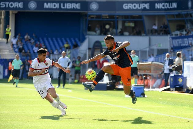 09 ANDY DELORT (MHSC) - 20 YOUCEF ATAL (NICE) FOOTBALL : Montpellier vs Nice - Ligue 1 Uber Eats - 12 09 2020 FEP Panoramic 