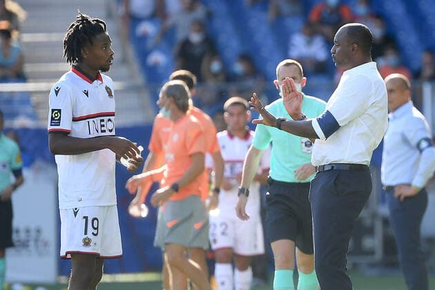 PATRICK VIEIRA (ENTRAINEUR NICE) - FAIR PLAY - 19 KHEPHREN THURAM (NICE) FOOTBALL : Montpellier vs Nice - Ligue 1 Uber Eats - 12 09 2020 FEP Panoramic 