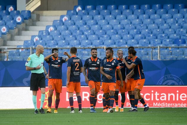 JOIE - 09 ANDY DELORT (MHSC) - 04 VITORINO HILTON (MHSC) - 26 MIHAILO RISTIC (MHSC) FOOTBALL : Montpellier vs Nice - Ligue 1 Uber Eats - 12 09 2020 FEP Panoramic 